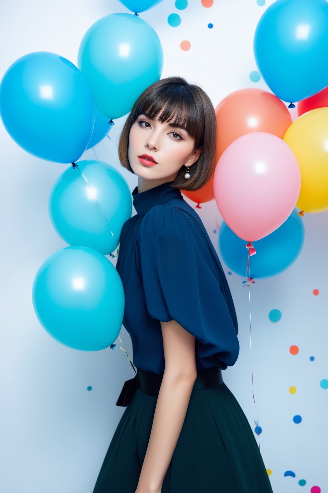 1girl,Vogue style (magazine_cover:1.5) ,short hair,bangs,fashion outfit, portrait , colorfull ballon background , blue splash