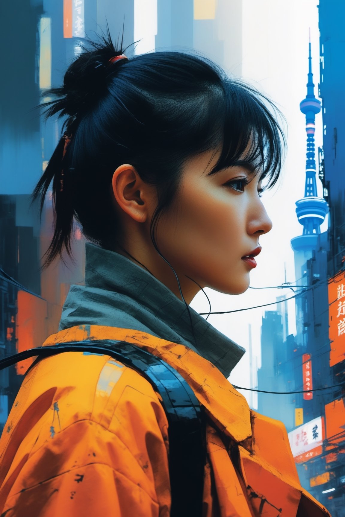 double exposure, blade runner city and  close up face of 1girl, art by Ian McQue,cyberpunk city,Tokyo Tower,