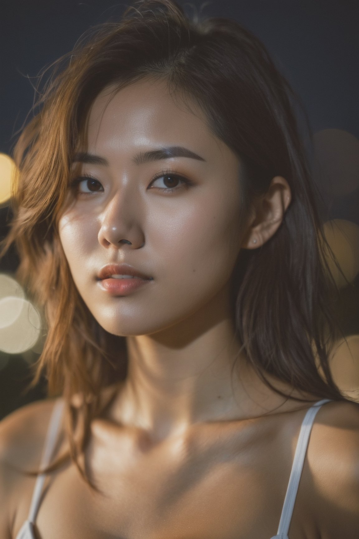 (from below:1.4). 27 year old girl, slim waist, tan lines, deep photo, depth of field, Superia 400, shadows, messy hair, perfect face and body, dark, nighttime, dark photo, grainy, seductive smirk, ((eyes closed)), korean girl, ,xxmixgirl,xxmix_girl