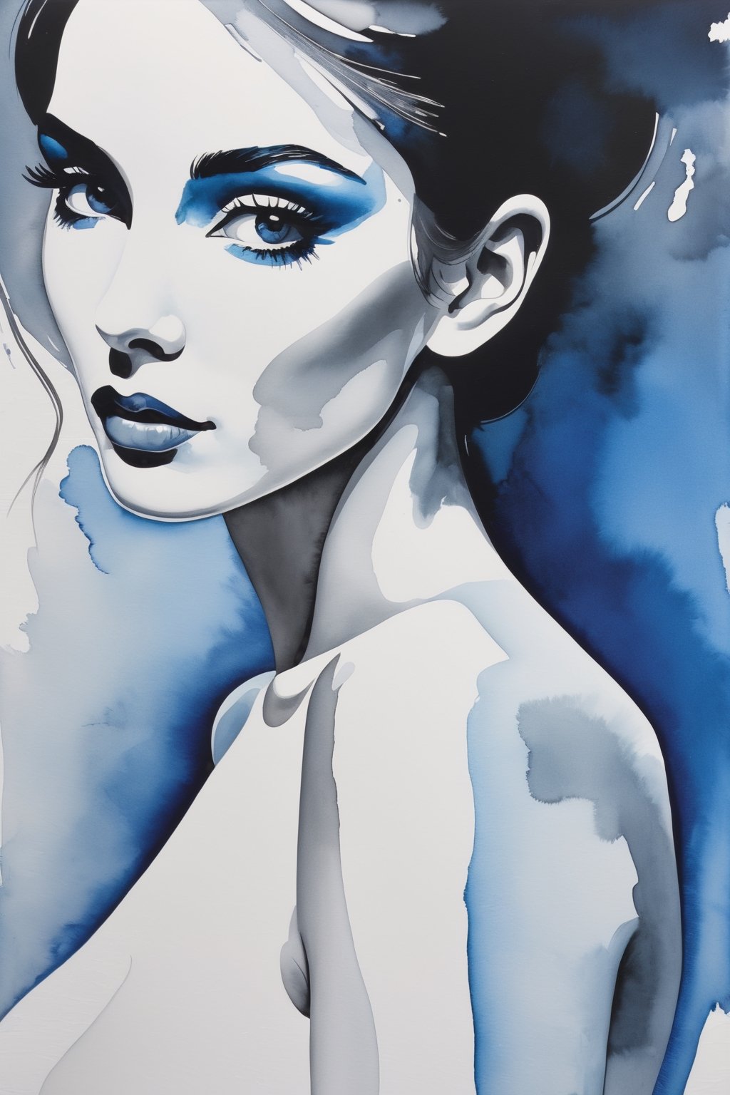 an abstract painting, a simple female abstract figure, in the style of Mikael Brandrup, watercolors, cinema, modern art, 4k.,Makeup,potcoll,High detailed ,monochrome,ink