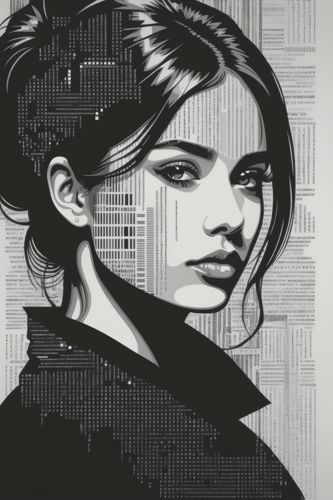 1girl,portrait composed of typographical elements,ASCII art aesthetic,monochrome,intricate details,creative use of letter shapes and negative space,high contrast,post-digital,