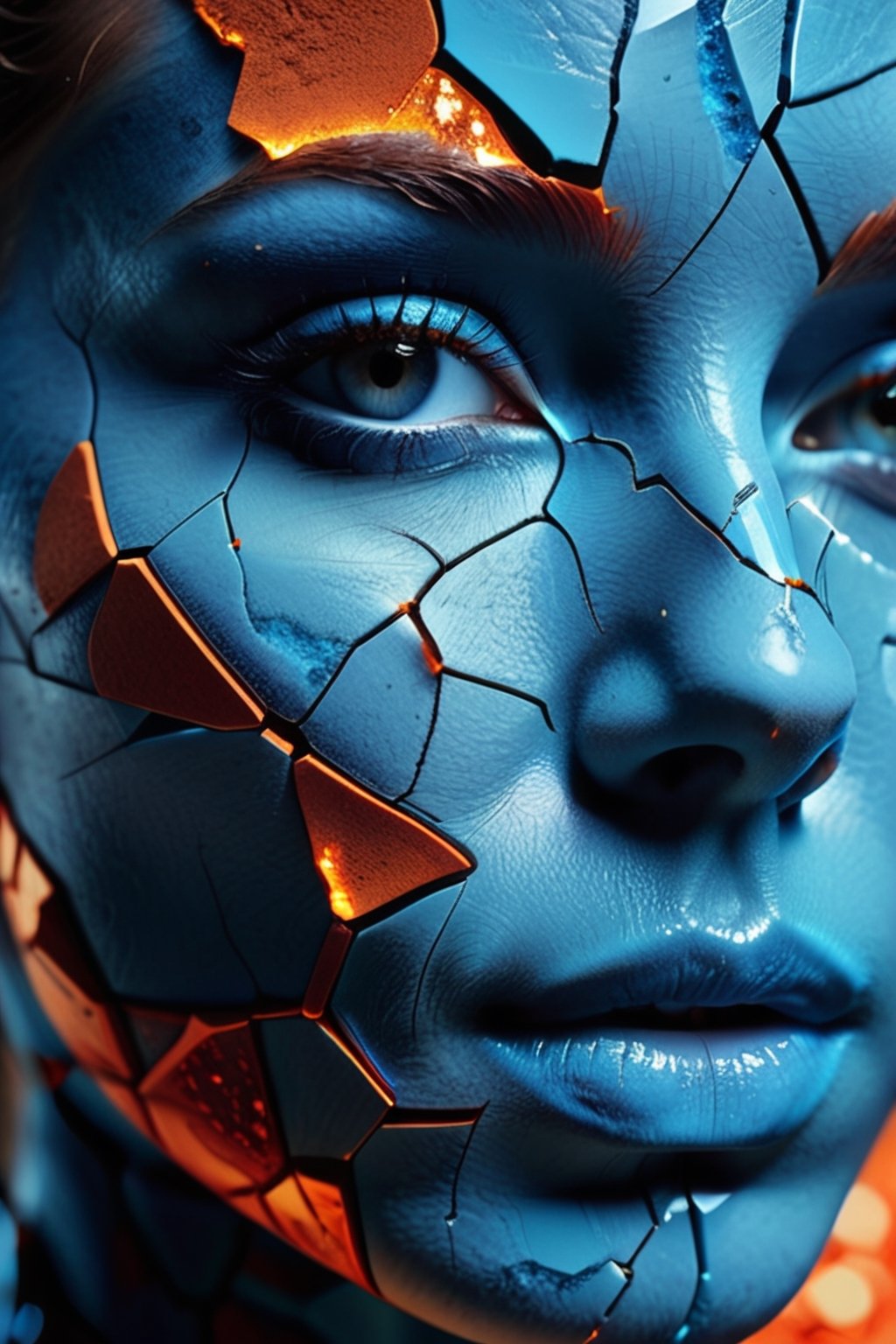 a close up of a person's face on a cracked surface, inspired by Alberto Seveso, featured on zbrush central, orange fire/blue ice duality!, portrait of an android, fractal human silhouette, red realistic 3 d render, blue and orange, subject made of cracked clay, woman, made of lava