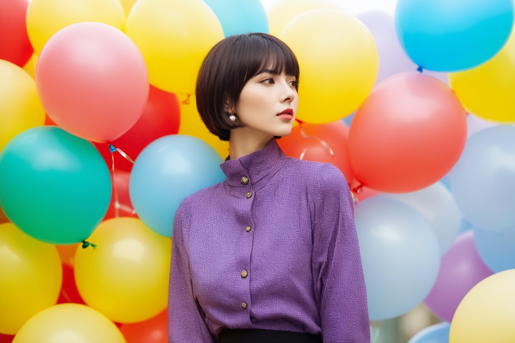 1 koera girl,Vogue style (magazine_cover:1.5) ,short hair,bangs,fashion outfit, portrait , colorfull ballon background , yellow splash,xxmixgirl