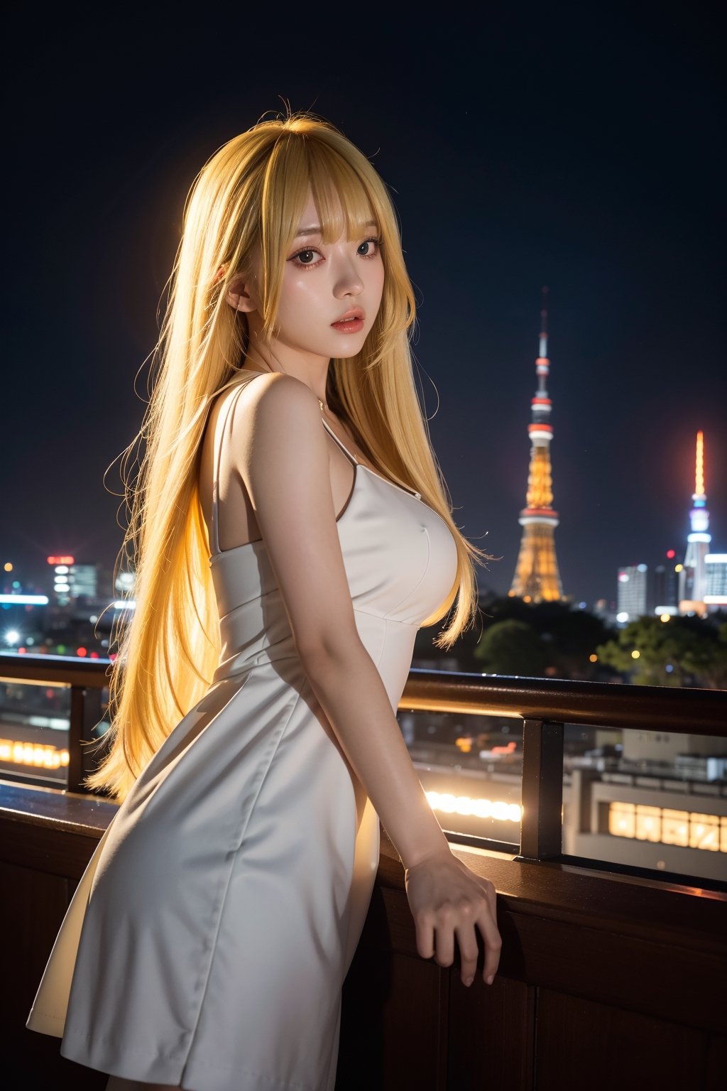 1girl,  long yellow hair, (bangs:1.2),  half body,  showcase,  Tokyo tower,  Night,  low key lighting,  dutch angle,  , FilmGirl, mggirl, Mecha body, dream_girl, xxmixgirl
