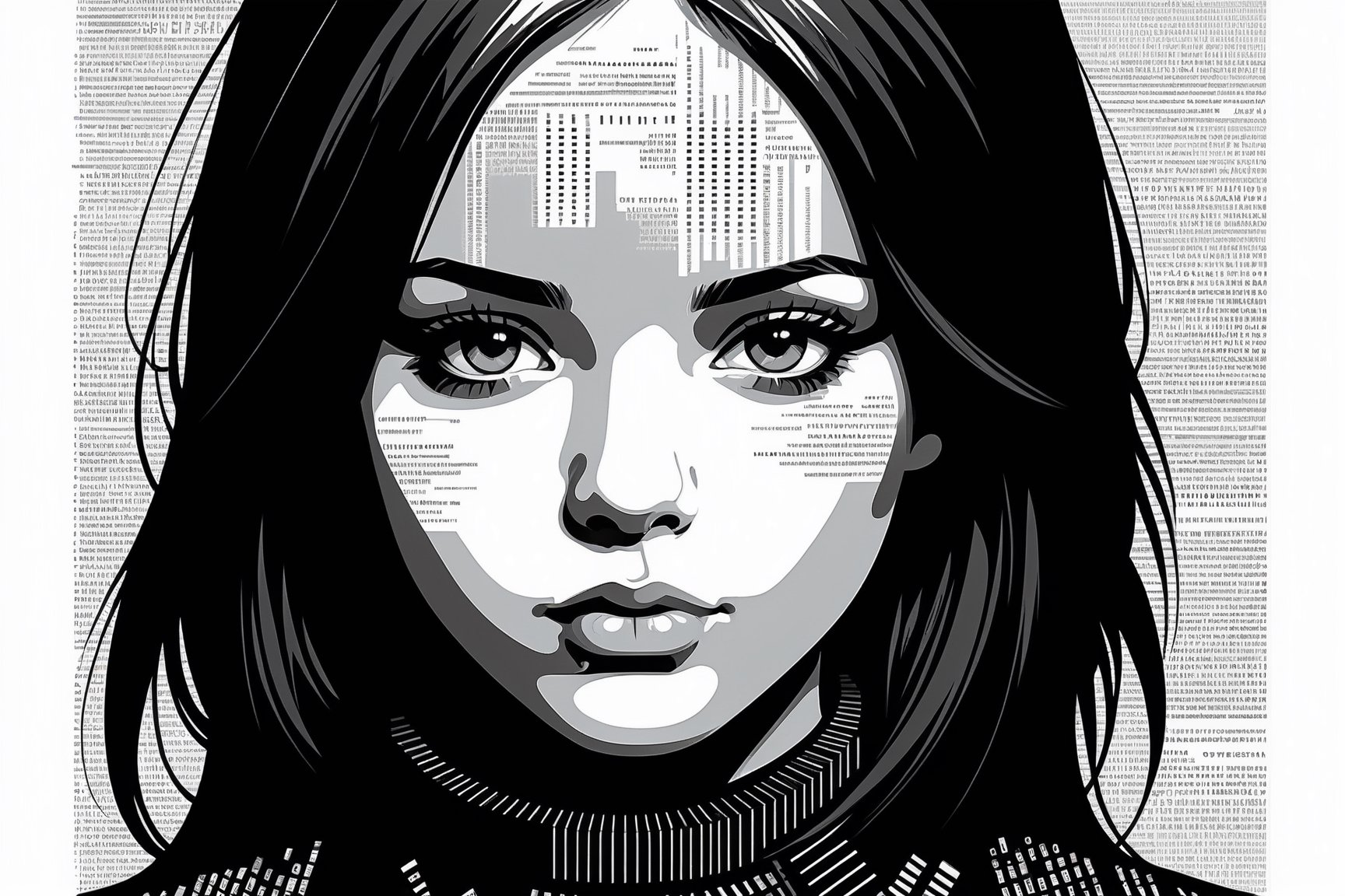 1girl,portrait composed of typographical elements,ASCII art aesthetic,monochrome,intricate details,creative use of letter shapes and negative space,high contrast,post-digital,