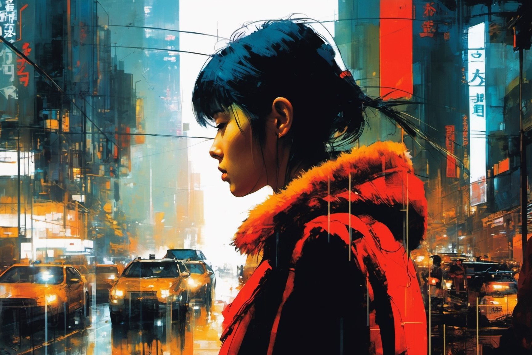 (double_exposure:1.5), blade runner city and  close up face of 1girl, art by Ian McQue,cyberpunk city,red fuzzy coat,Taipei 101,