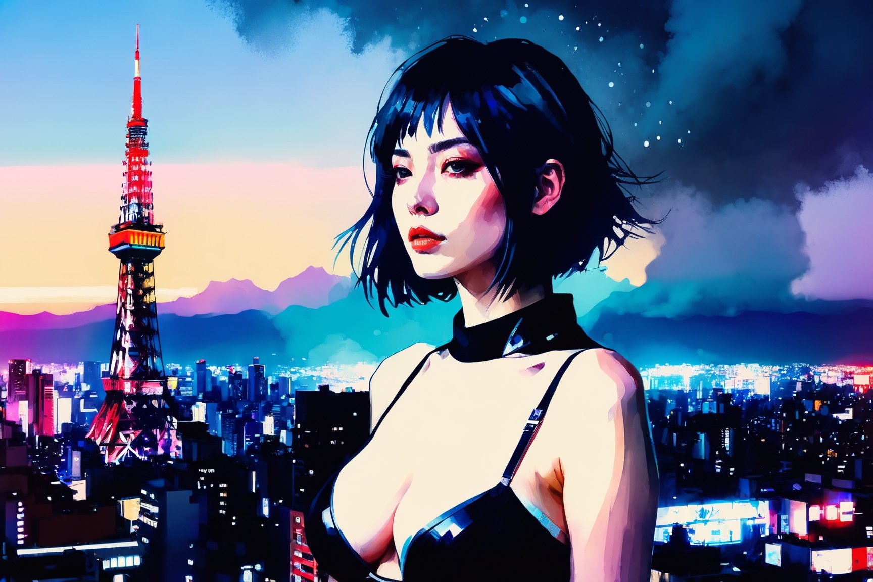 (1girl:1.5),half body, cyberpunk ,big_breasts,face to viewer, art by Agnes Cecile, by Jeremy Mann, 35mm, floating dust,more detail XL,,Vogue,aw0k euphoric style,Tokyo Tower,xxmixgirl,xxmix_girl