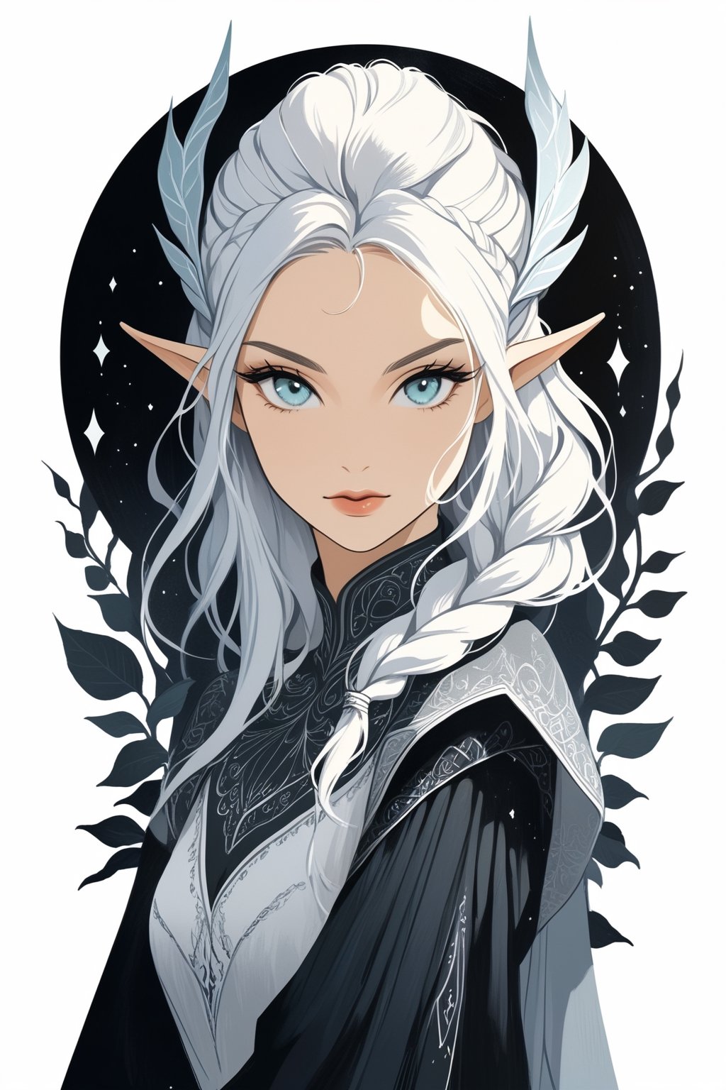 (masterpiece, high quality, 8K, high_res), ((ink and pencil drawning style)),
flat illustration, ultra detailed, perfect merge fantasy setting and fantasy character, realistic drawning style, fantasy elements. surreal, incredibly beautiful elven woman, elven cloths, elf ears, soft white hair, long braid hairstyle, completely detailed, standing, organic interaction with the environment, looking at the viewer, shot from front, Flat vector art, Leonardo Style, portraitart