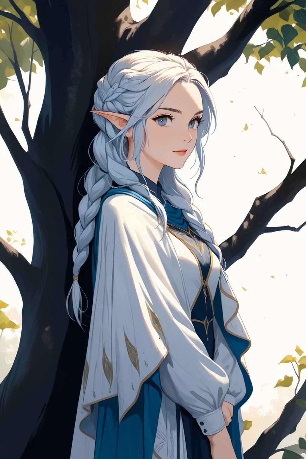 (masterpiece, high quality, 8K, high_res), ((ink and pencil drawning style)), solo, 
flat illustration, ultra detailed, perfect merge fantasy setting and fantasy character, realistic drawning style, fantasy elements. surreal, incredibly beautiful elven woman, elf ears, soft white hair, long braid hairstyle, elven cloths, royal cloths, completely detailed, standing under a tree and waiting for someone, organic interaction with the environment, looking away, Flat vector art, Leonardo Style, portraitart