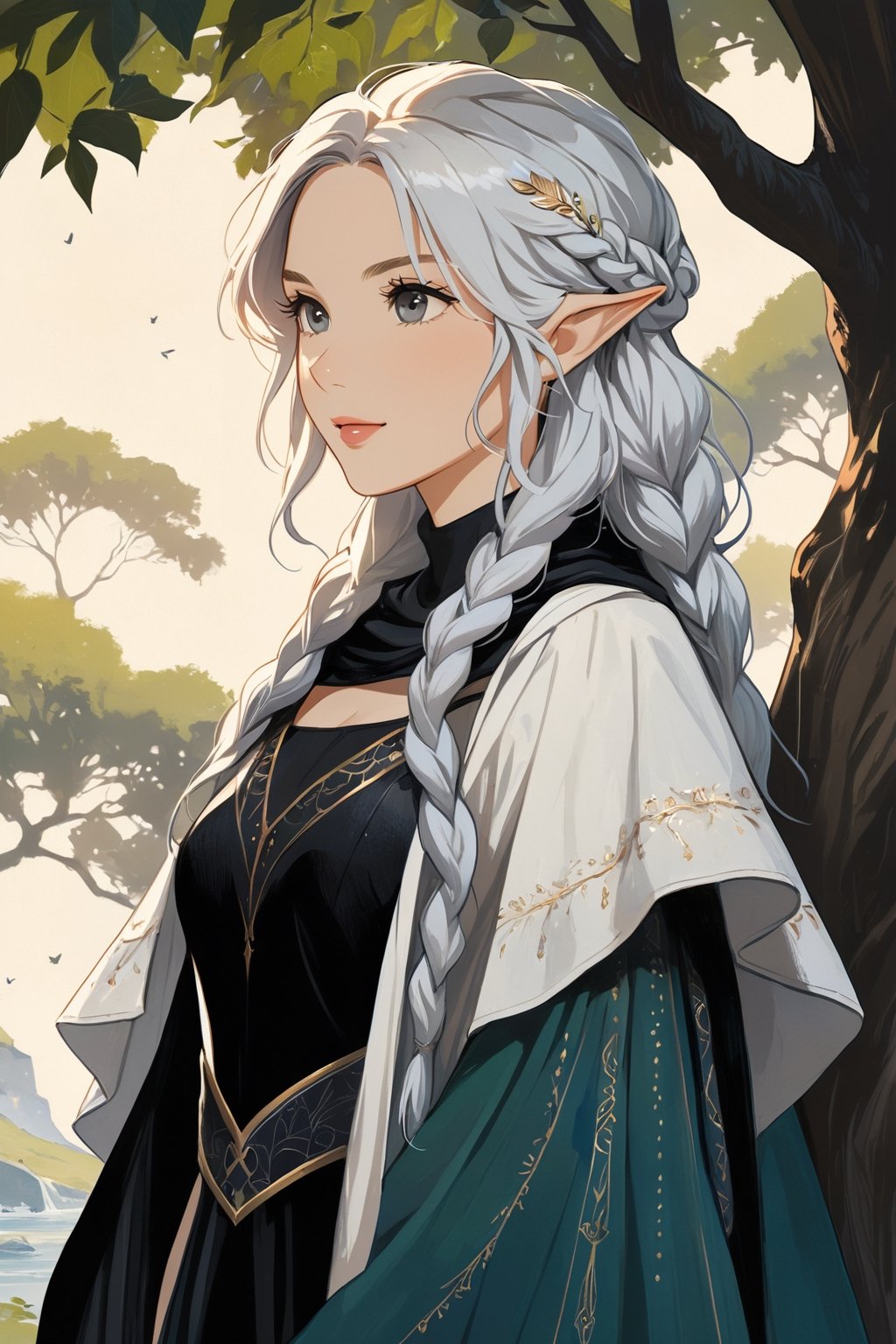 (masterpiece, high quality, 8K, high_res), ((ink and pencil drawning style)), solo, 
flat illustration, ultra detailed, perfect merge fantasy setting and fantasy character, realistic drawning style, fantasy elements. surreal, incredibly beautiful elven woman, elf ears, soft white hair, long braid hairstyle, elven cloths, royal cloths, completely detailed, standing under a tree and waiting for someone, organic interaction with the environment, looking away, Flat vector art, Leonardo Style, portraitart