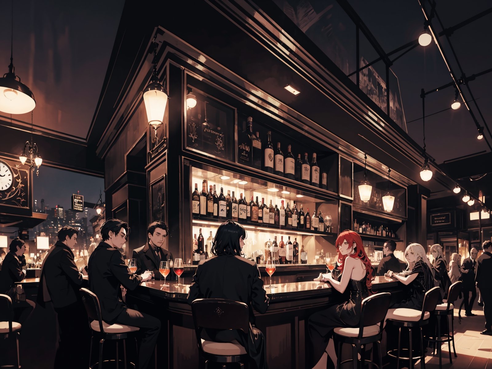 (best quality), (high resolution), lively bar,
Lots of people, people coming and going, and a variety of drinks, creating a visually striking environment. Three o'clock in the night, cinematic atmosphere, capture the essence of a unique and captivating moment, dark atmosphere, city in the background, blurred background, cool background, any view