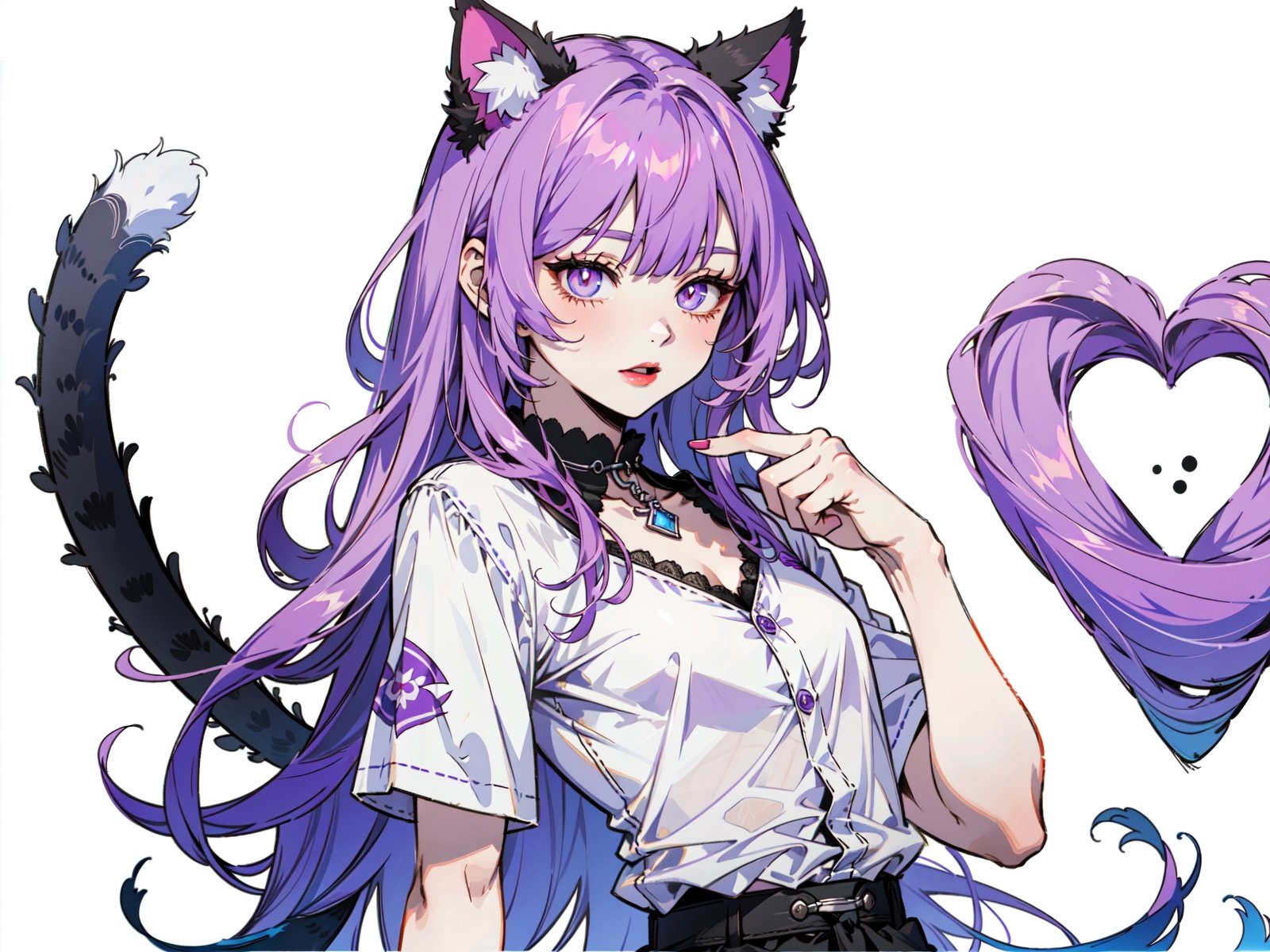 (masterpiece, best quality, high resolution: 1.3), super resolution image, beautiful hands, perfect anatomy, human, single, 1 person, 45 years old female, furry, animals, cat, cat girl, White and pink skin, human hands, cat tail, cat ears, cute, sexy, charming, sexual charm, purple hair, soft, bangs, straight long hair, purple pupils, D cup, thin waist, female, ((outside) shirt)), ((small dress)), (lipstick), white background, FurryCore,nj5furry