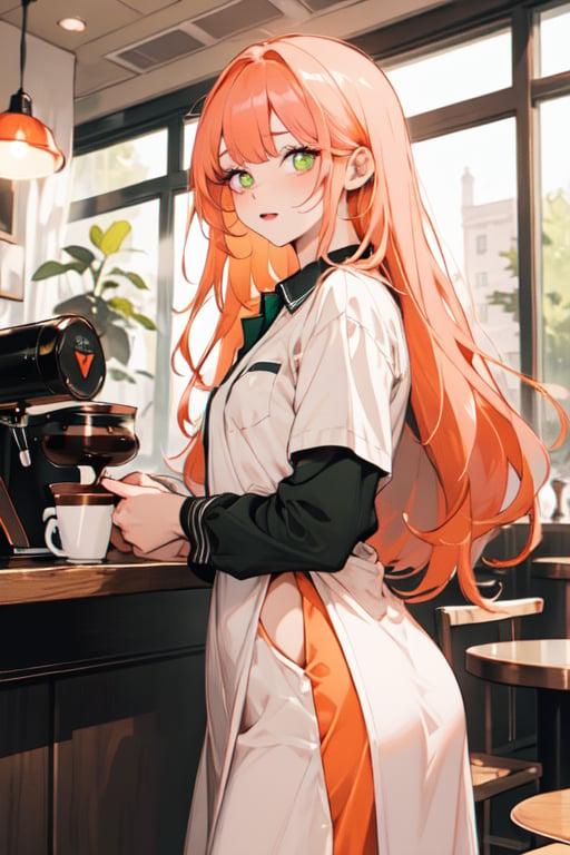 (Masterpiece, best quality, high resolution: 1.3), super high resolution image, beautiful hands, perfect anatomy, human, single, 1 person, 25 years old woman, girl, white and pink skin, cute Sexy and charming orange hair, soft bangs, long straight hair, dark green pupils, D cup, slim waist, ((outer) shirt)), ((small dress))), (lipstick), white bottom, FurryCore, nj5furry, ((coffee shop clerk uniform))