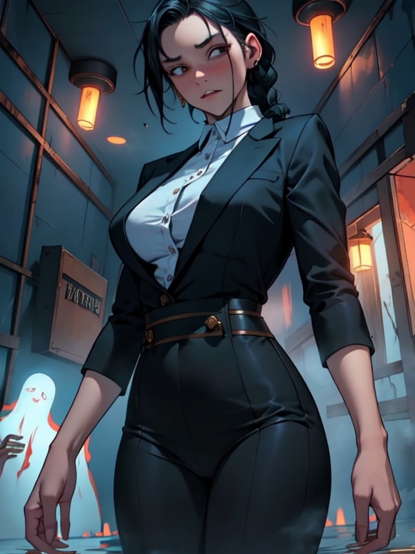 (Exquisite picture), (High details), Nicole is a 35-year-old female, with black hair, braided hair, close-fitting black suit, thin waist, Nicole has super powers, Nicole's hands emit golden light, the background is a scary space, the location is a funeral parlor, behind her Floating ghosts, zombies behind you, movie atmosphere