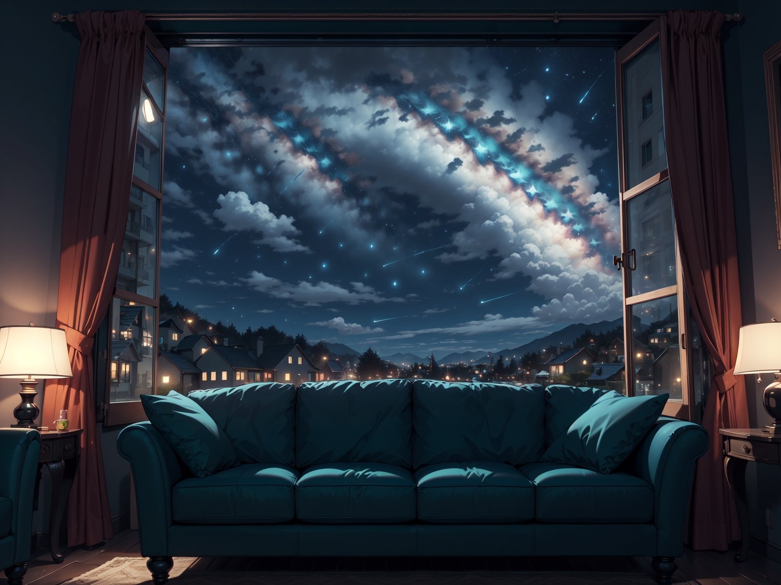 (masterpiece, sharp), (high quality, top quality: 1.5), (no one), (no one, 0 people), (late night)), (night)), ((night outside the window) )) , dark color, home scene, cloth sofa covered with suit jacket, randomly placed, black suit, green cloth sofa, pillows placed randomly, excellent composition, movie scene, romantic atmosphere, perfect perspective, night sky, close-up, background Vague