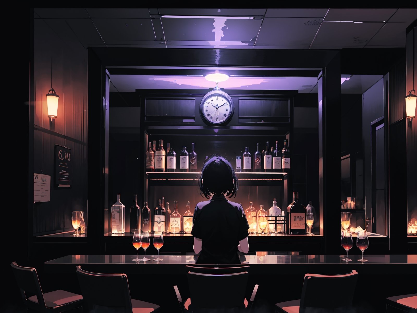 (Best Quality), (High Resolution), empty bar, wide selection of alcohol, creating a visually striking environment. Three o'clock in the night, cinematic atmosphere, capturing the essence of a unique and captivating moment, dark atmosphere, city in the background, blurred background, cold colored background, any view