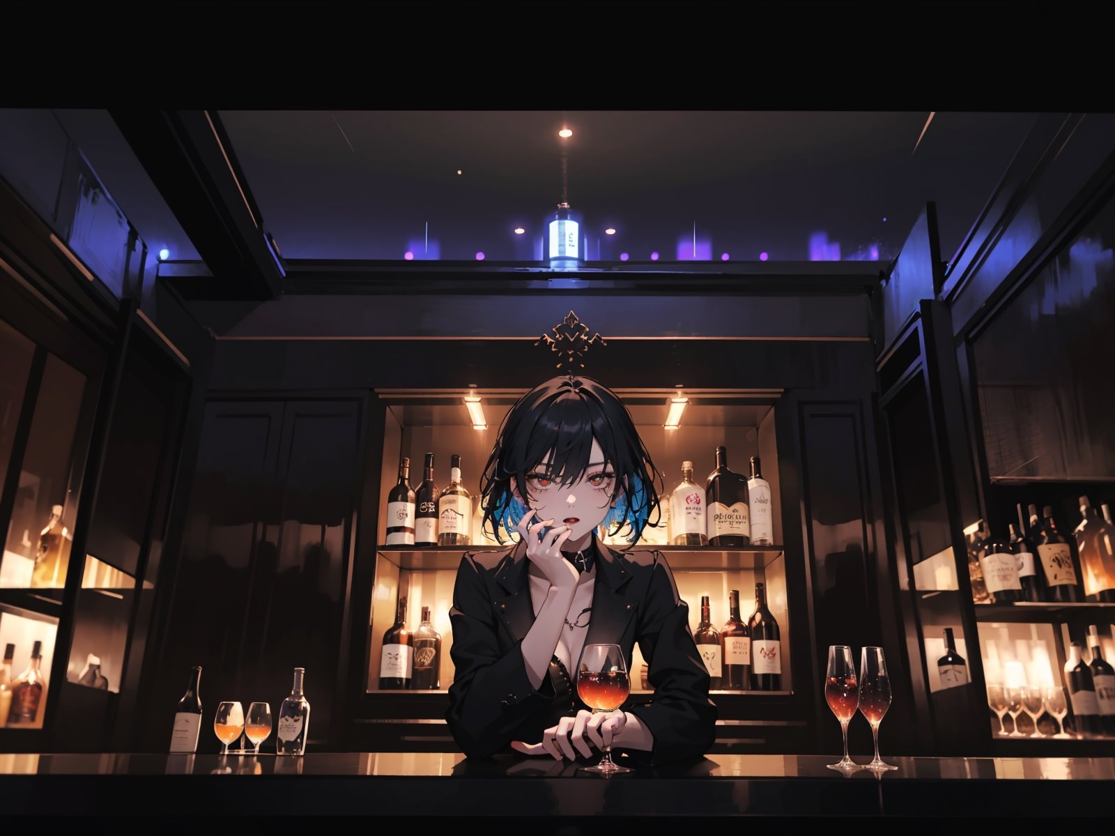 (Best Quality), (High Resolution), lively empty bar, 
A lot of people, wide selection of alcohol, creating a visually striking environment. Three o'clock in the night, cinematic atmosphere, capturing the essence of a unique and captivating moment, dark atmosphere, city in the background, blurred background, cold colored background, any view