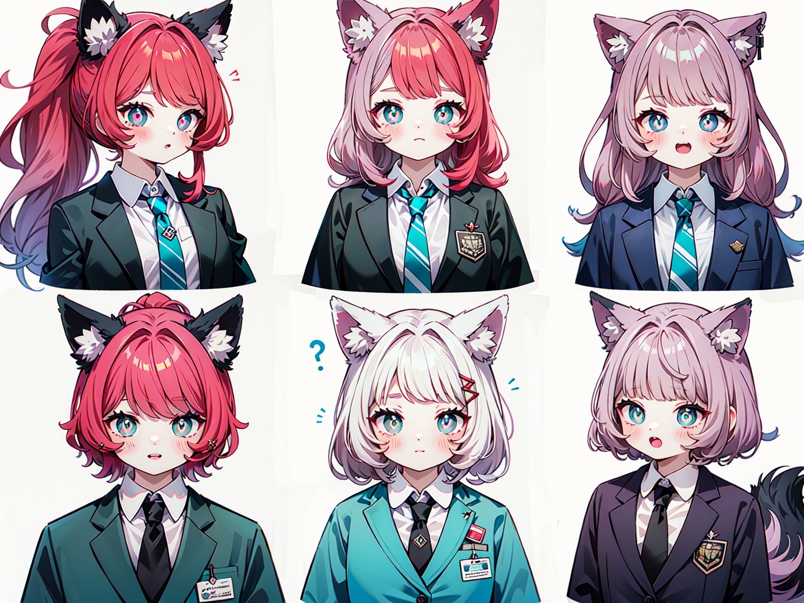 (Masterpiece, best quality, high resolution: 1.3), super resolution image, beautiful hand, perfect anatomy, human, five fingers, single person, (single person), (only 1 person), (head Twice the body), cute body shape, (((whole body))), 4-year-old girl, furry, animal, wolf, wolf girl, white skin, human hands, wolf tail, wolf ears, handsome, aggressive, Aggression, cute naughty, wolf teeth, exposed teeth, mischievous face, ((red hair)), center parting, high ponytail, ((green pupils)), women's suit, ((shirt)), ((black gold tie )), (black suit), (black suit jacket), office worker, ((white background)), FurryCore,nj5furry