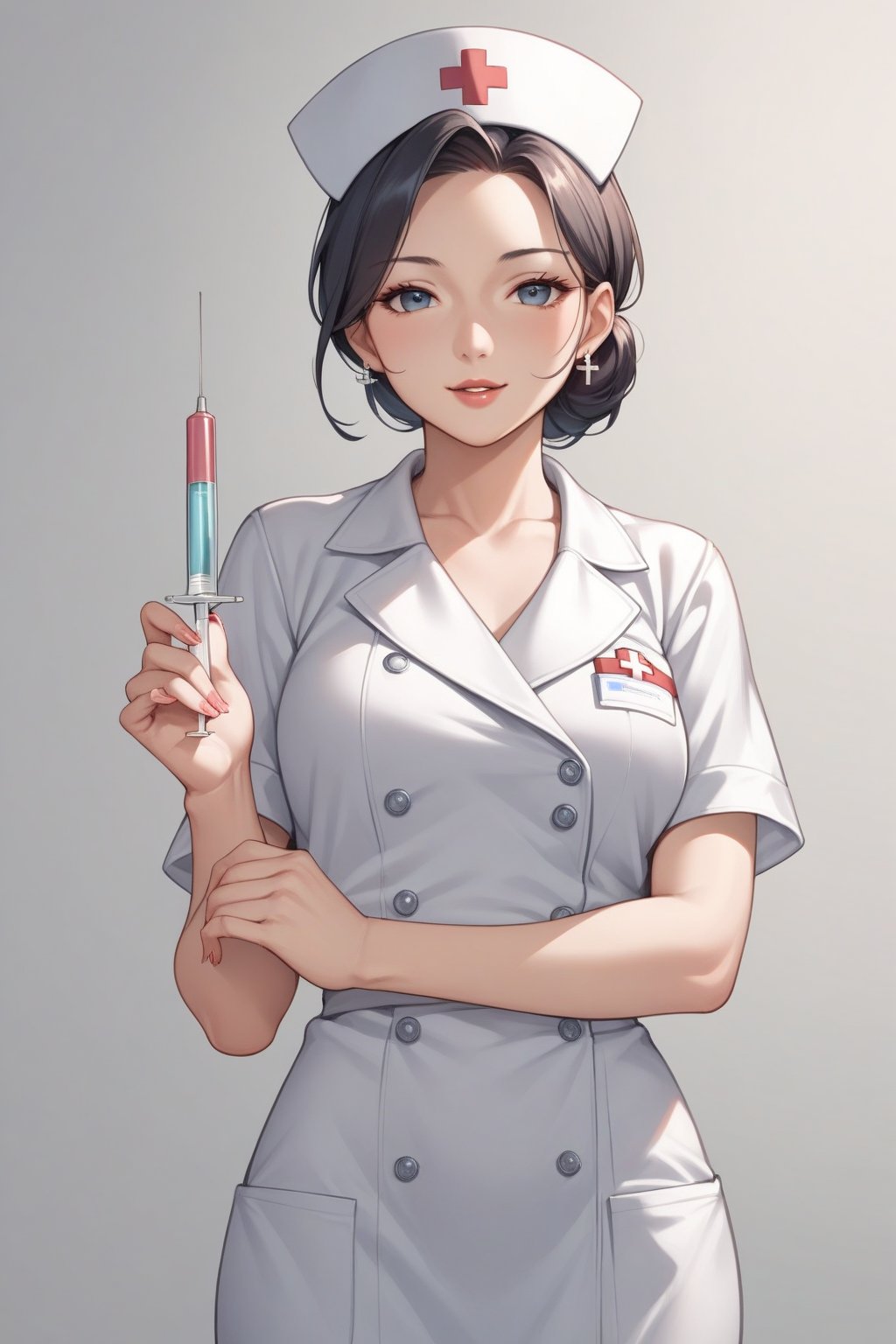 score_9, score_8_up, score_7_up, score_6_up, score_5_up, score_4_up, 
Source_Anime, 
1 girl, mature and beautiful girl, Japanese nurses, nurse suit, Slim figure, syringe, gray gradient background, no background,