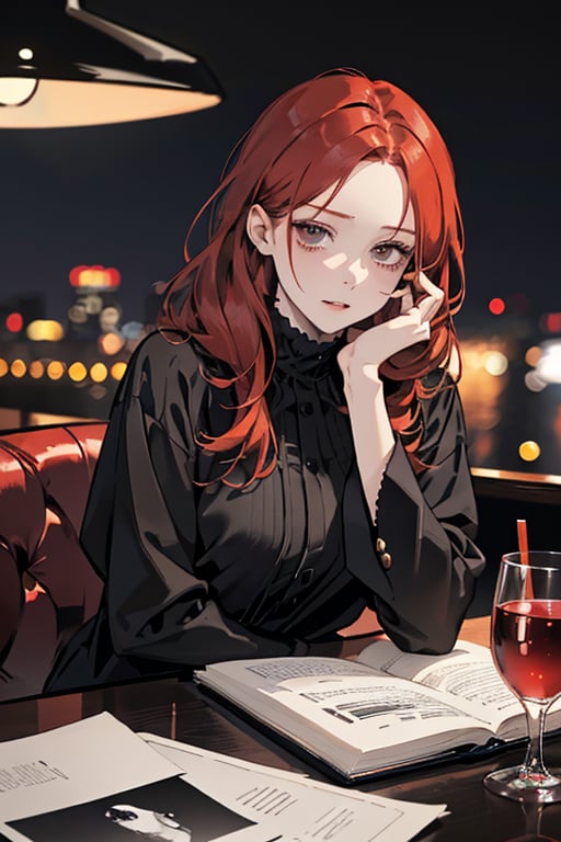 (Best Picture Quality), (High Definition), Office, Various Materials, Night, Rich Screen Characters with Cold Expressions, Red Hair, Supervisor, Cinematic Atmosphere, Capturing the Essence of a Unique and Charming Moment, Dark Atmosphere, Focus on the Dining Table, Background City, blurred background, cool background, any view