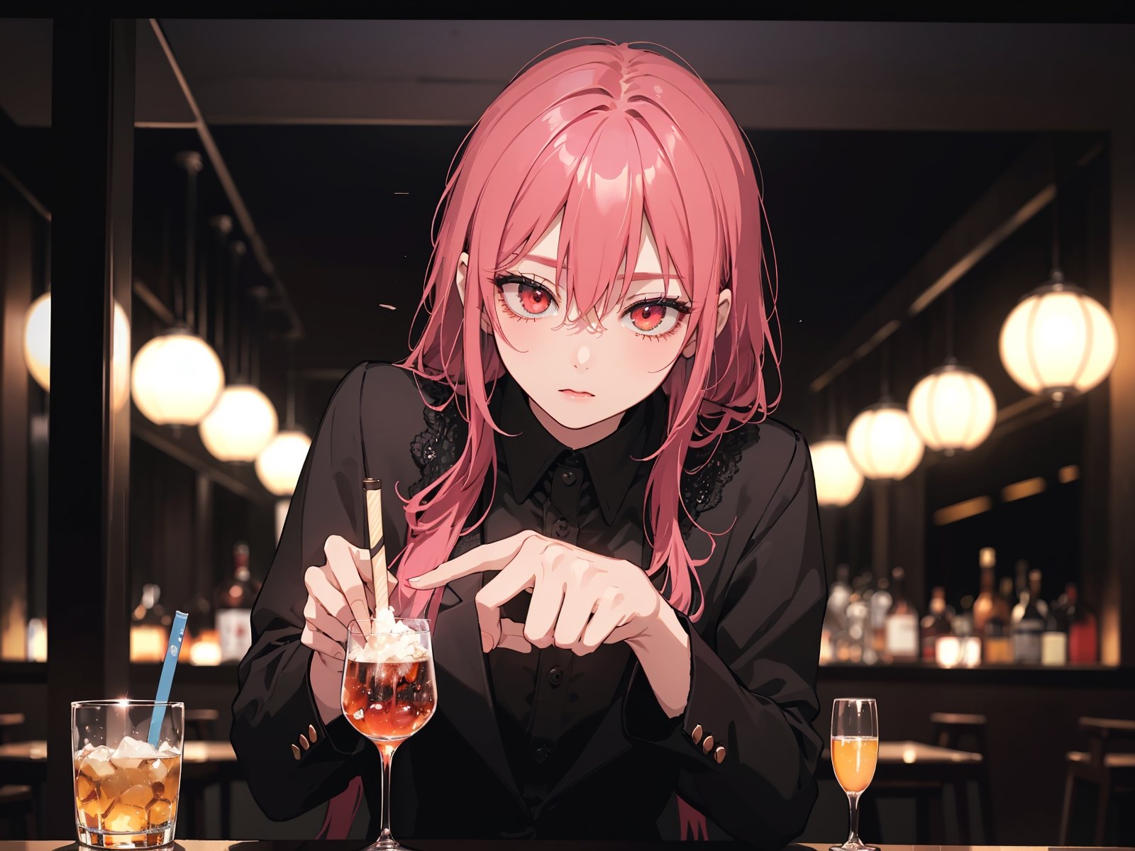 (best quality), (high resolutuion), bar, all kinds of alcohol, 3 o'clock in the night, enrich the picture, movie atmosphere, capture the essence of a unique and charming moment, dark atmosphere, focus on the table, background city, background blur, background Cool colors, Arbitrary view