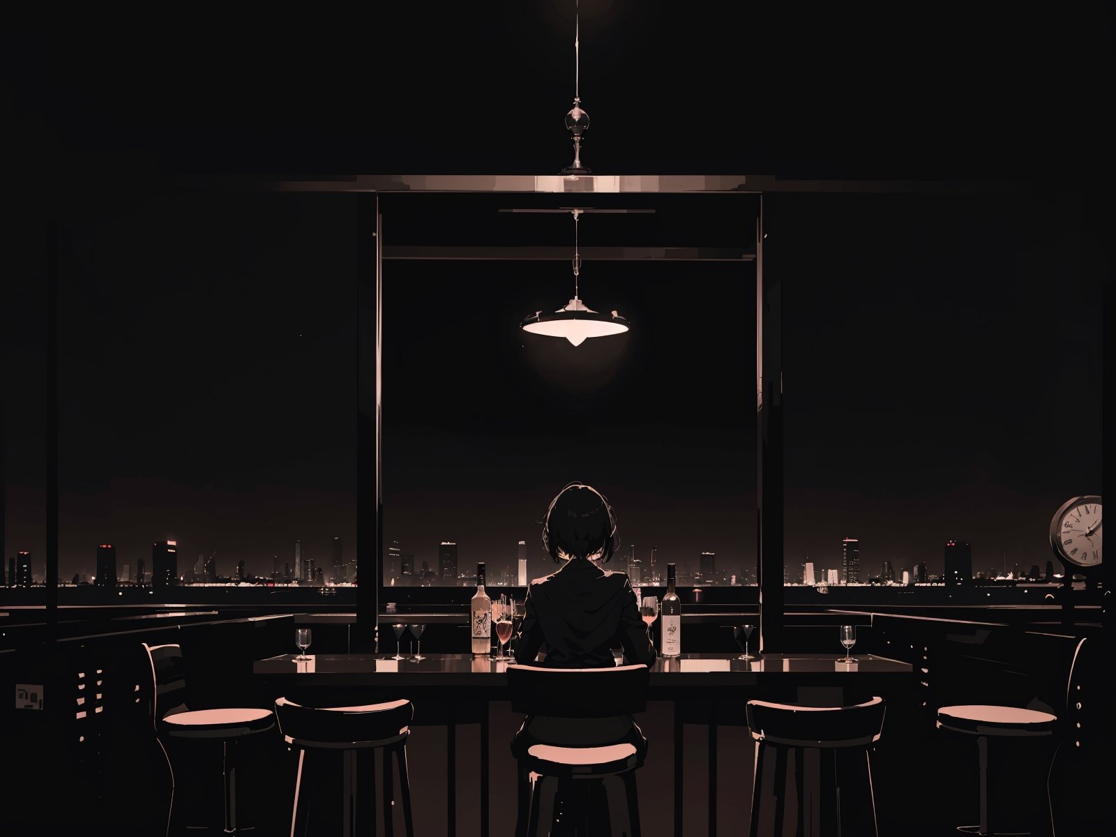 (Best Quality), (High Resolution), empty bar, wide selection of alcohol, creating a visually striking environment. Three o'clock in the night, cinematic atmosphere, capturing the essence of a unique and captivating moment, dark atmosphere, city in the background, blurred background, cold colored background, any view