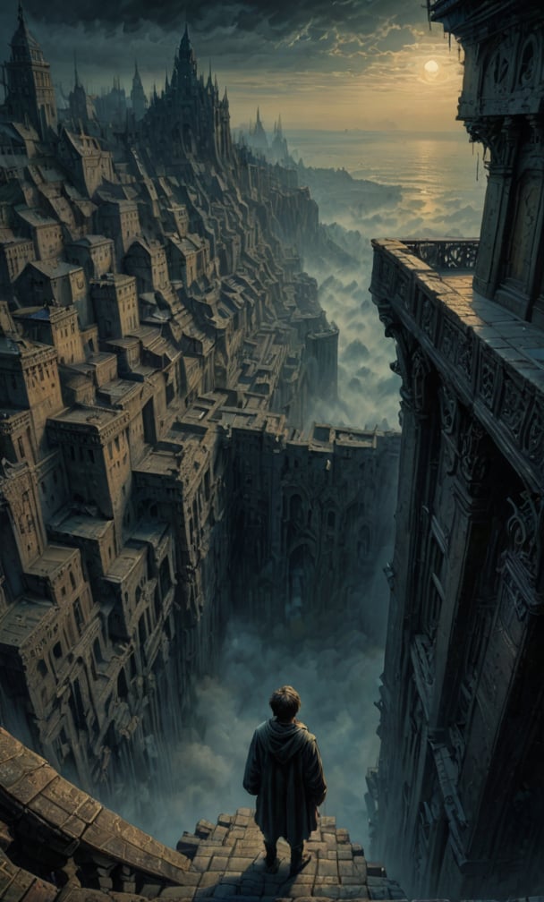  cloudy night, parkor person looking down from on top a giant balcony ,  labyrinth below, , a strong fog  is seen overtaking the labyrinthbelow casting shadows, blackness, dark clouds, night time, art by ZdzisLaw Beksinski, sharp focus, high quality, 4k high resolution, dagobahlnd, art by ZdzisLaw Beksinski,
sharp focus, high quality, 4k high resolution,
dagobahlnd 