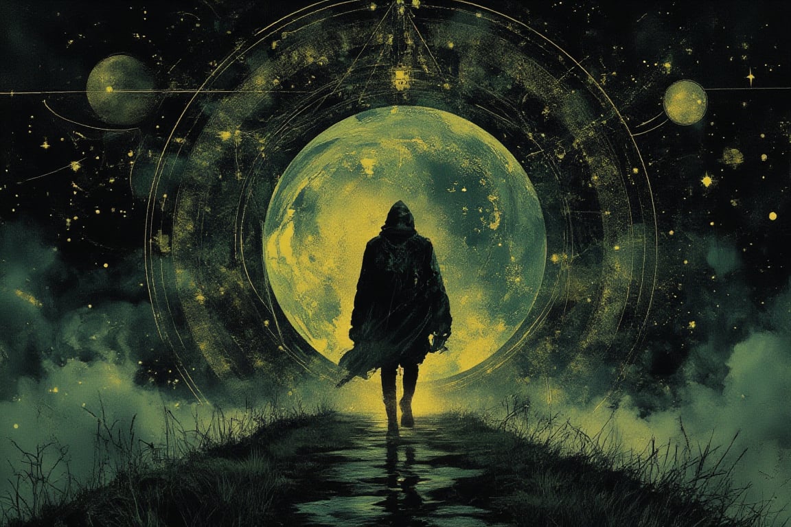 Illustration, dark fantasy, chiaroscuro, far away  side  shot, small image of a masked person walking down a hill, close up ofa giant geometric astromnomical patterned lines surrond the moon in the background, darkened sky