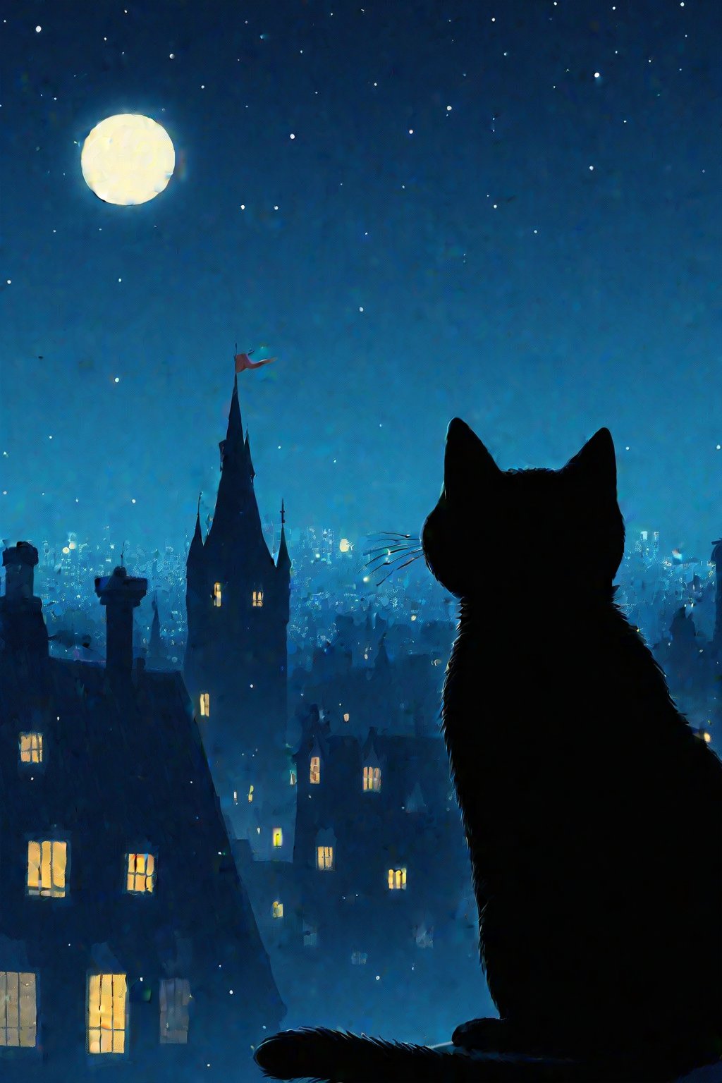 fairy tale illustrations,Simple minimum art, 
black cat of mischief looking over a city destoyed at night