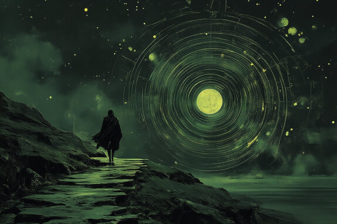 Illustration, dark fantasy, chiaroscuro, far away  side  shot, small image of a masked person on the left walking down a hill, close up ofa giant geometric astromnomical patterned lines surrond the moon center in the background, darkened sky