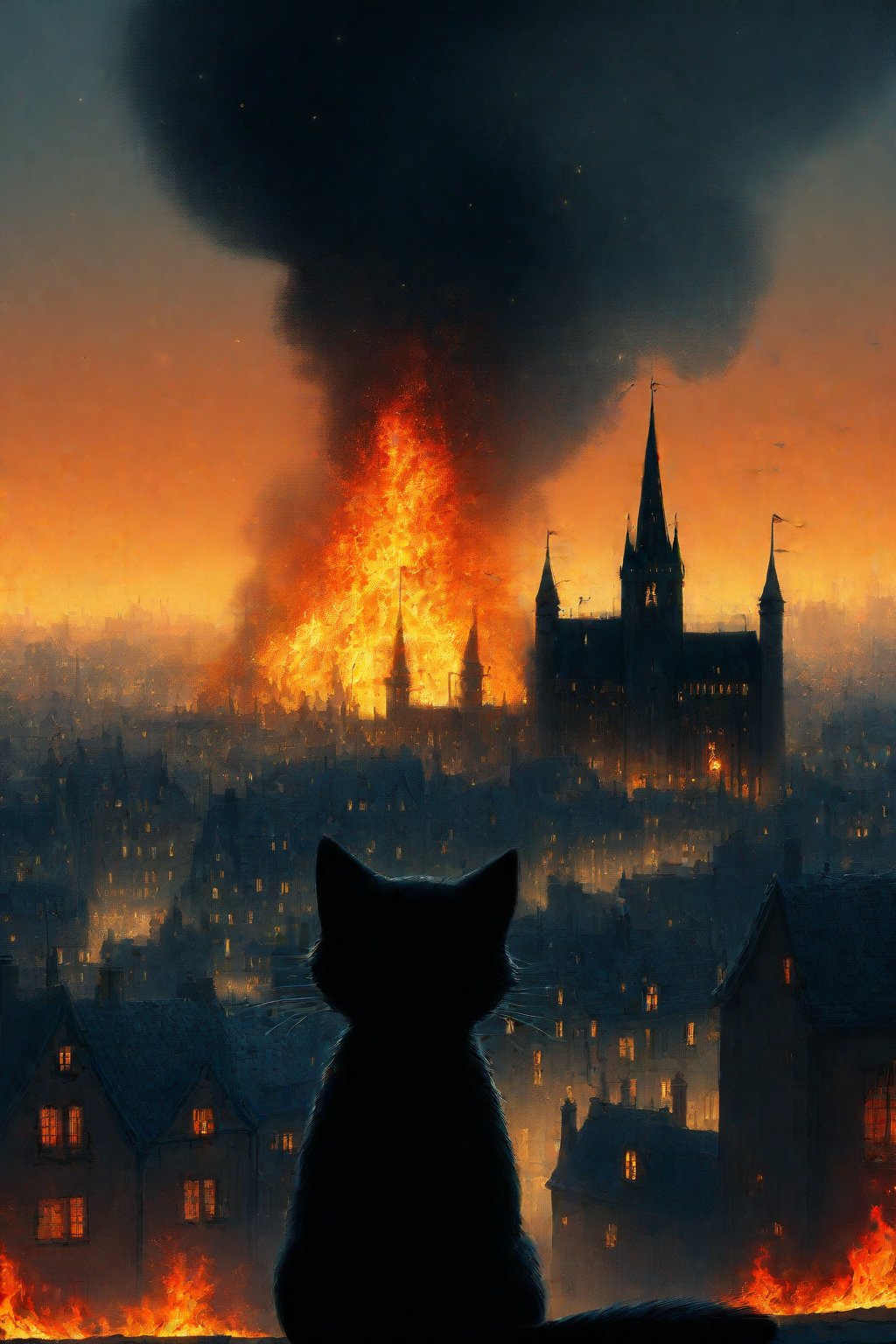 fairy tale illustrations,Simple minimum art, 
black cat of mischief looking over a city on fire