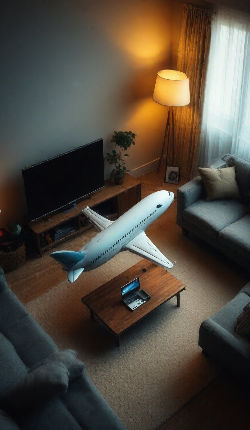 
A tilt-shift miniature diorama of a airplane flying over a person's living room, Use a Nikon D850 with a 35mm f/1.8 lens for a powerful shot of a airplane,  a tv, couch, a desk and a lamp can be seen below, tilted view from above the horizon blurred.