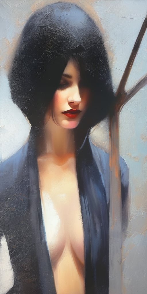 In Casey Baugh's evocative style, a Gothic girl emerges from the depths of darkness, her essence a captivating blend of mystery and allure. With piercing eyes and flowing ebony hair, she exudes an enigmatic presence that draws viewers into her world. Baugh's brushwork infuses the painting with a unique combination of realism and abstraction, highlighting the girl's delicate features and contrasting them against a backdrop of deep, rich hues. The interplay of light and shadow adds depth and dimension to the artwork, creating a hauntingly beautiful portrayal of this Gothic muse. Baugh's distinctive style captures the essence of the girl's enigmatic nature, inviting viewers to explore the depths of her soul. Signature