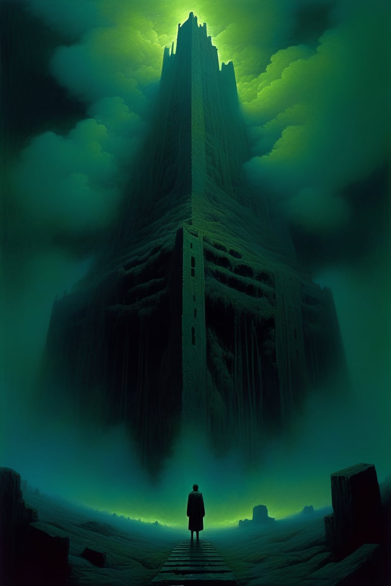  cloudy night, parkor person looking down from on top a giant balcony ,  labyrinth below, , a strong fog  is seen overtaking the labyrinthbelow casting shadows, blackness, dark clouds, night time, art by ZdzisLaw Beksinski, sharp focus, high quality, 4k high resolution, dagobahlnd, art by ZdzisLaw Beksinski,
sharp focus, high quality, 4k high resolution,
dagobahlnd 