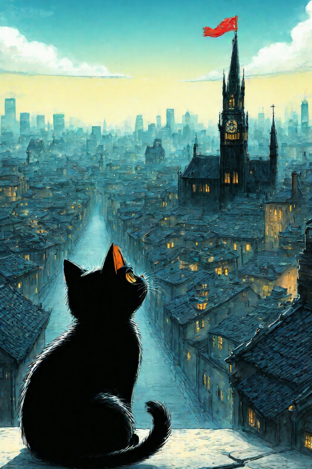 fairy tale illustrations,Simple minimum art, 
black cat of mischief looking over a city on chaos