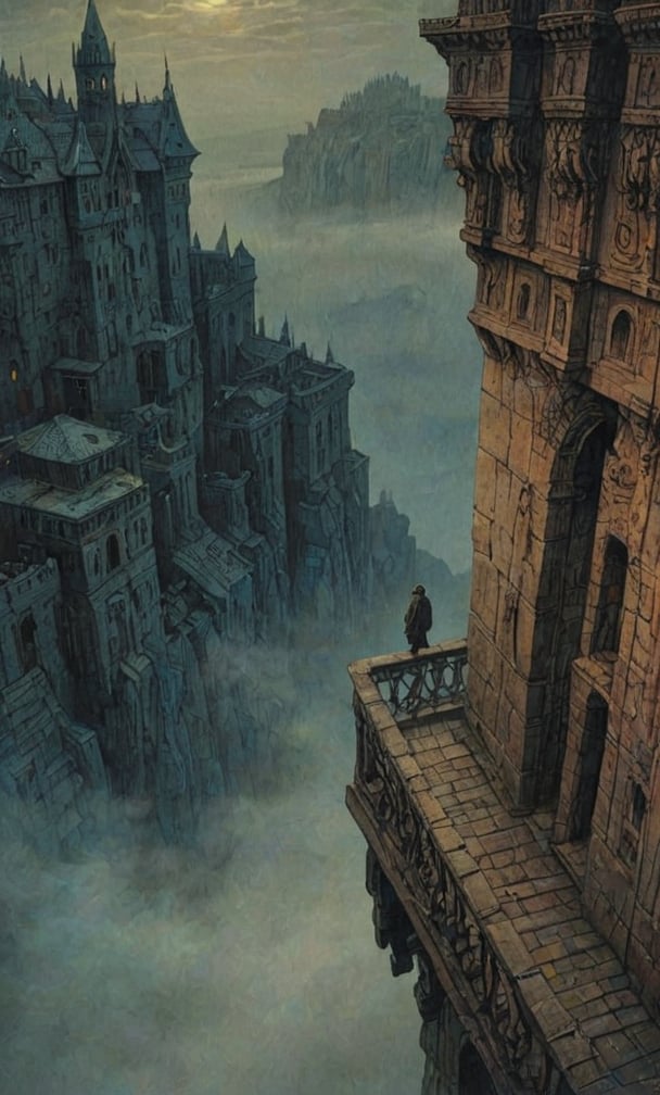  cloudy night, parkor person looking down from on top a giant balcony ,  labyrinth below, , a strong fog  is seen overtaking the labyrinthbelow casting shadows, blackness, dark clouds, night time, art by ZdzisLaw Beksinski, sharp focus, high quality, 4k high resolution, dagobahlnd, art by ZdzisLaw Beksinski,
sharp focus, high quality, 4k high resolution,
dagobahlnd 