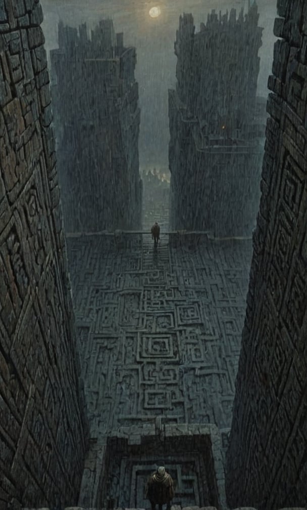  cloudy night, parkor person looking down from on top a giant balcony ,  labyrinth below, , a strong fog  is seen overtaking the labyrinthbelow casting shadows, blackness, dark clouds, night time, art by ZdzisLaw Beksinski, sharp focus, high quality, 4k high resolution, dagobahlnd, art by ZdzisLaw Beksinski,
sharp focus, high quality, 4k high resolution,
dagobahlnd 