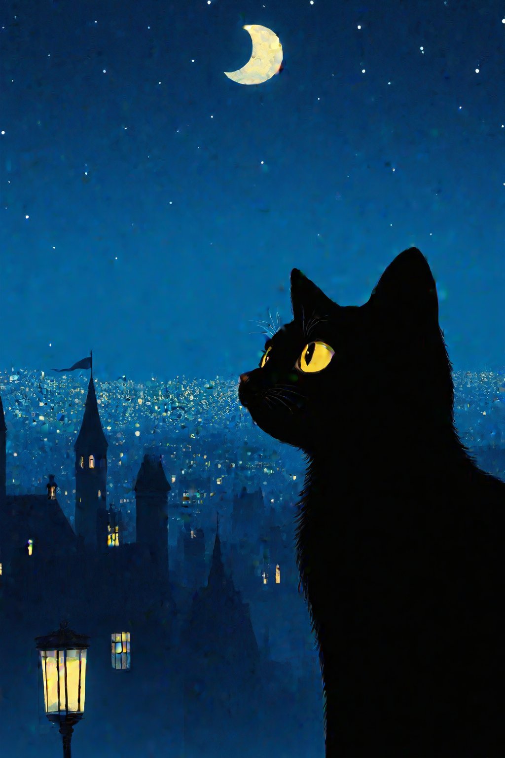 fairy tale illustrations,Simple minimum art, 
black cat of mischief looking over a city destoyed at night