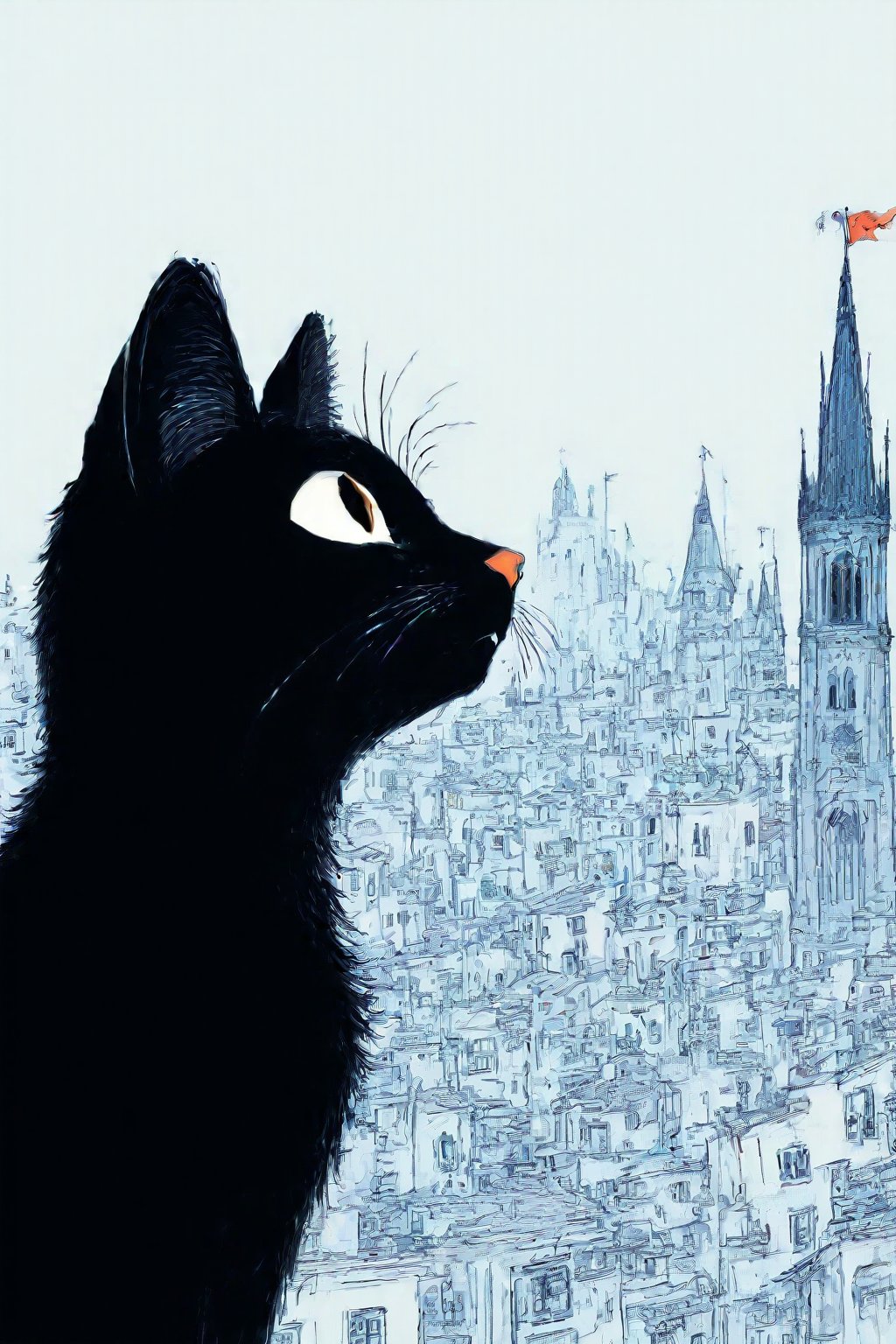 fairy tale illustrations,Simple minimum art, 
black cat of mischief looking over a city on chaos