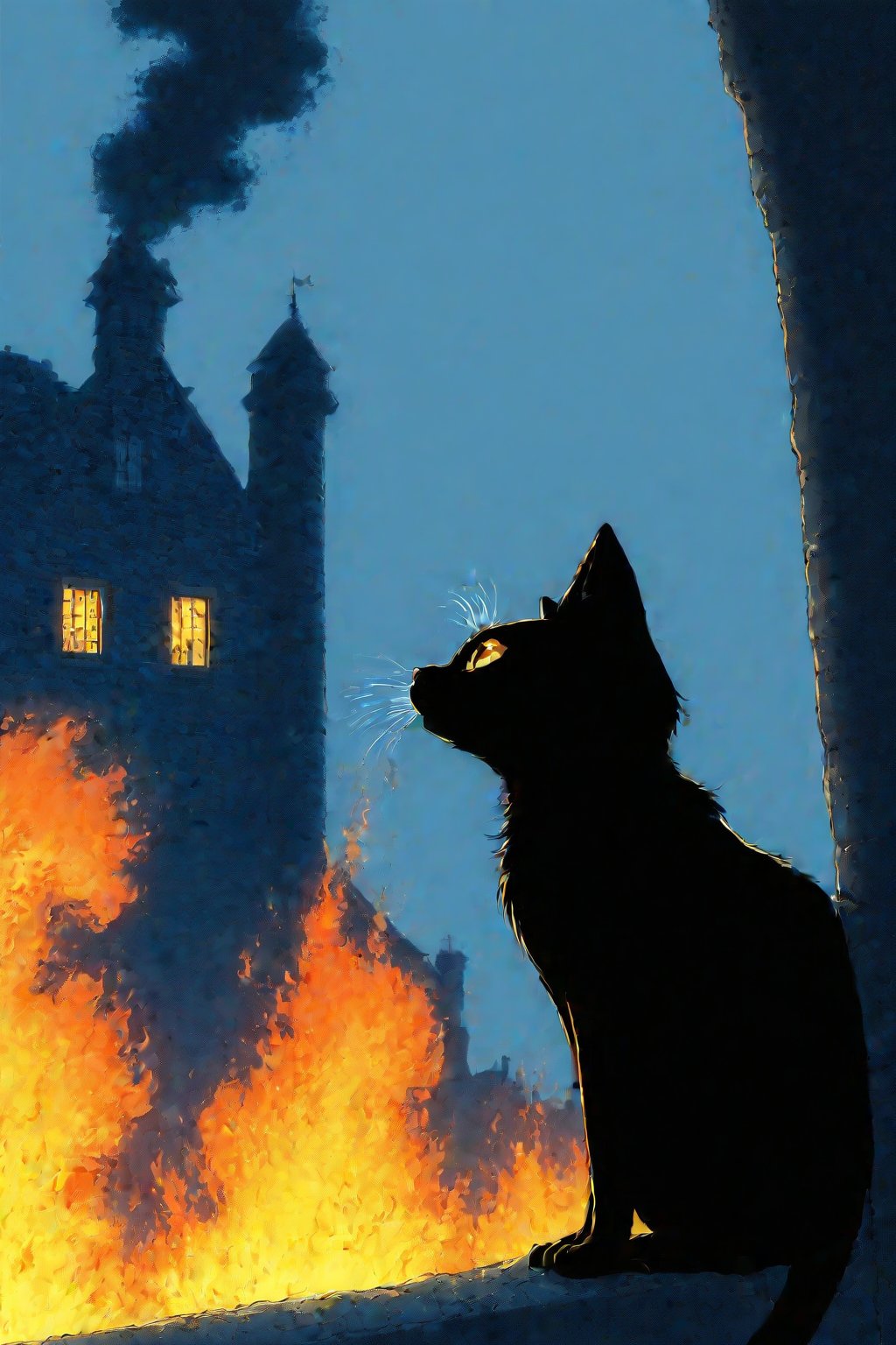 fairy tale illustrations,Simple minimum art, 
black cat of mischief looking over a burning building
 lyh_niji,anime,flat colors,by_M_T_Ross 