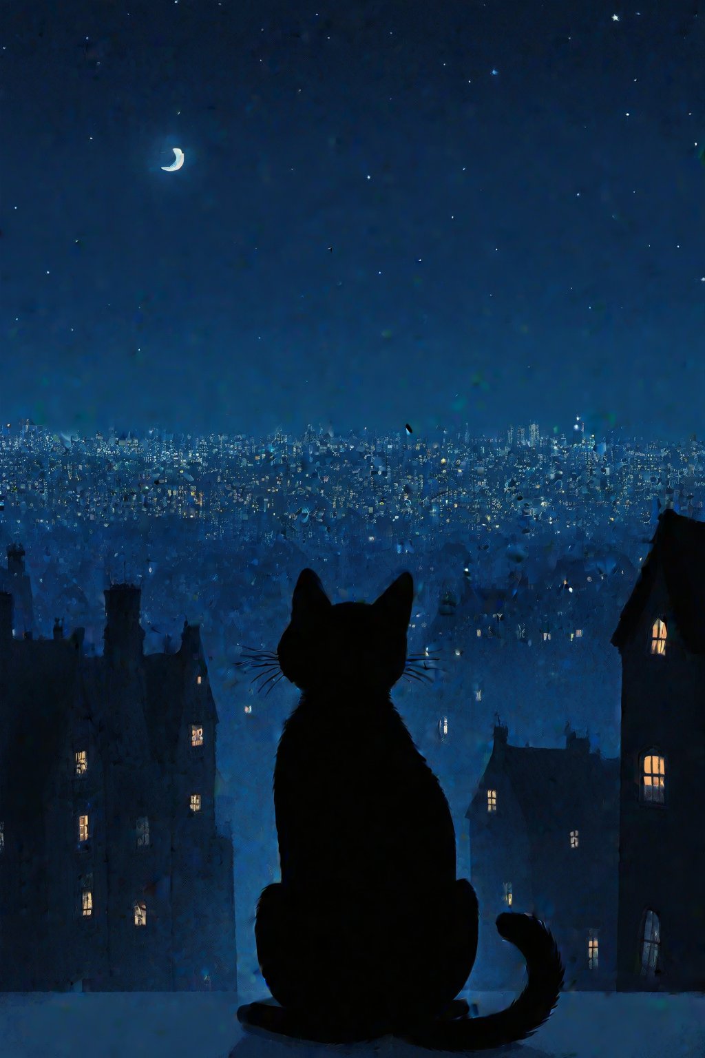 fairy tale illustrations,Simple minimum art, 
black cat of mischief looking over a city destoyed at night