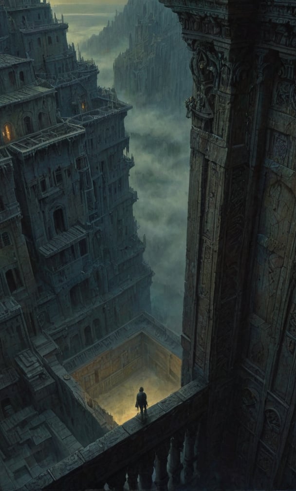  cloudy night, parkor person looking down from on top a giant balcony ,  labyrinth below, , a strong fog  is seen overtaking the labyrinthbelow casting shadows, blackness, dark clouds, night time, art by ZdzisLaw Beksinski, sharp focus, high quality, 4k high resolution, dagobahlnd, art by ZdzisLaw Beksinski,
sharp focus, high quality, 4k high resolution,
dagobahlnd 