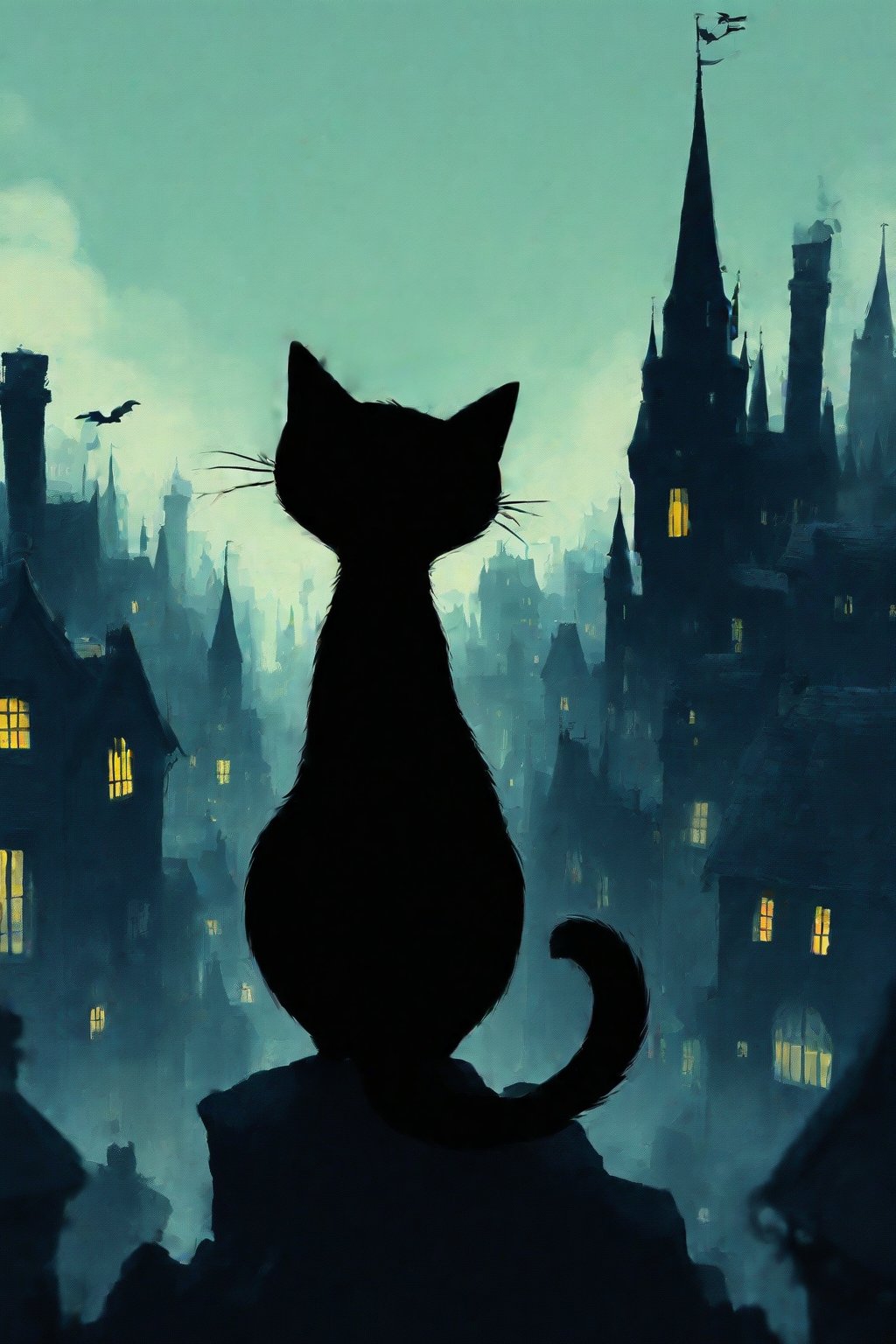 fairy tale illustrations,Simple minimum art, 
black cat of mischief looking over a city on chaos