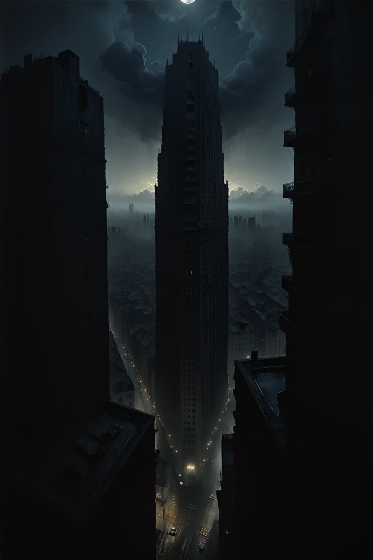  cloudy day, parkor person looking down at the street from balcony on top a giant sky scraper , looking down at streets bekbelo, , a strong fog near the building is seen overtaking the street below casting shadows, black sky, dark clouds, night time, art by ZdzisLaw Beksinski,
sharp focus, high quality, 4k high resolution,
dagobahlnd 