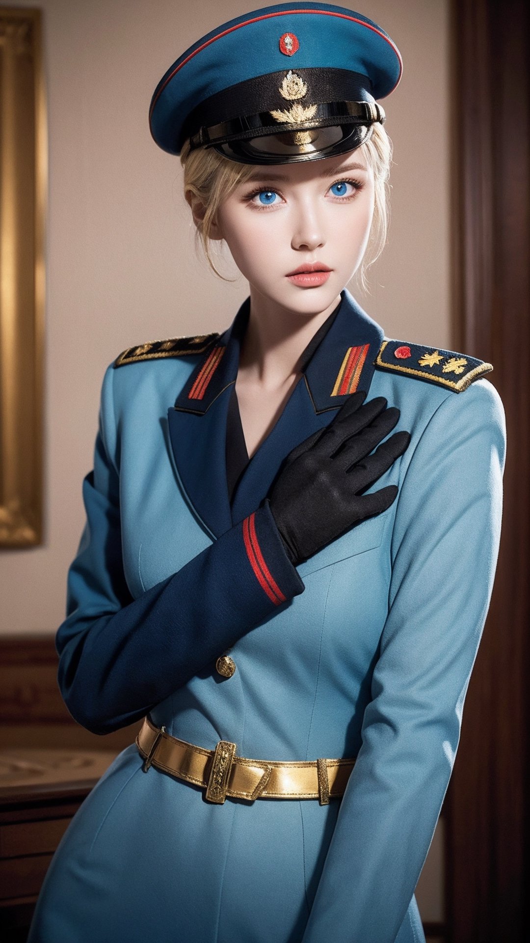 Masterpiece, perfect image quality, (8k),(Russian military uniform :1.2) wearing black gloves ,black boots, yes (pretty face:1.2) , sexy , blonde hair, hat (blue eyes: 1.1) tall figure, detailed face, tight waist, chest, looking towards viewer, (masterpiece,best quality:1.5),Detailed beautiful delicate eyes, long eyelashes, wide eyes