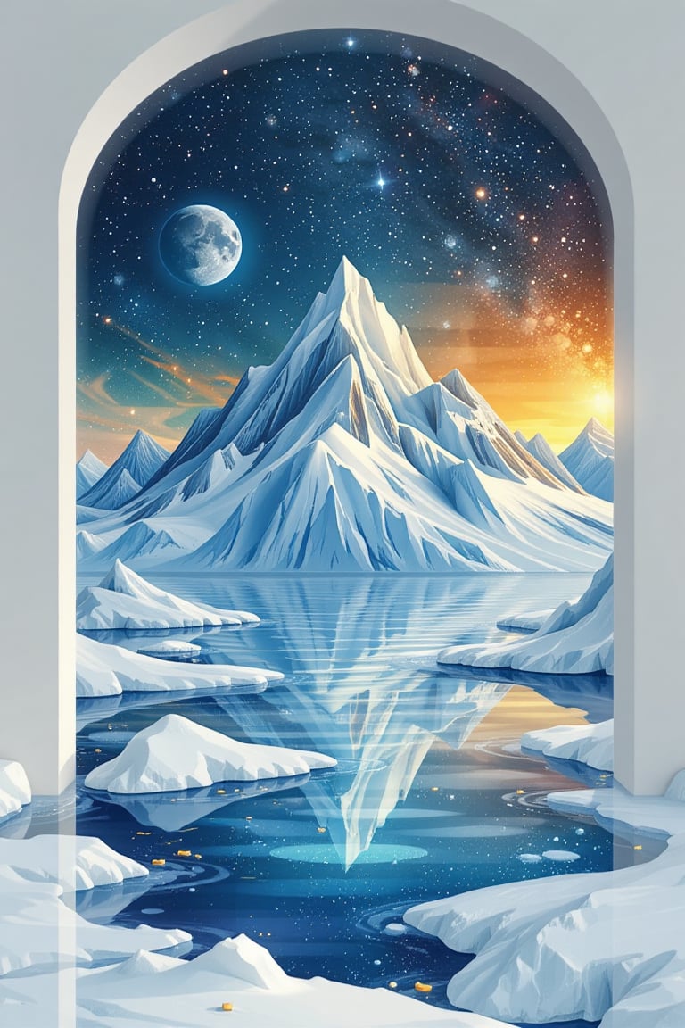 Ice made of water on the outer space and an ice mountain in a white room,  Classical,  Golden hour by kcn339 on Tensor.Art