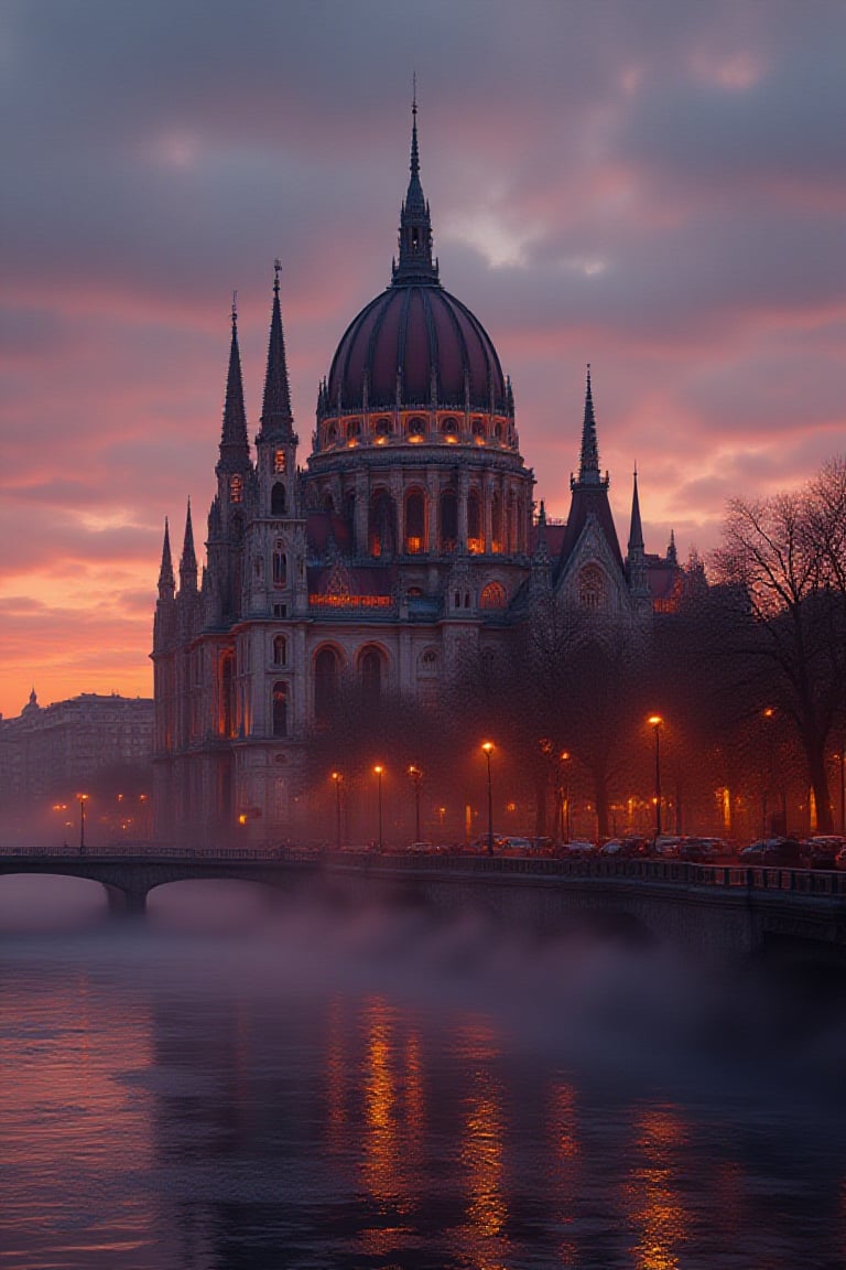 A grand, majestic cathedral stands sentinel by the riverside at dusk, its multiple domes and towering spires reaching for the sky. The intricate architectural details seem to shimmer in the soft, warm light of sunset. As the evening sky transforms into a kaleidoscope of orange and purple hues, the scene is bathed in a gentle glow. Warm streetlights illuminate the city beyond, reflecting off the wet streets and river's tranquil surface. A soft mist surrounds the cathedral's lower levels and riverbank, imbuing the atmosphere with an air of mystery and tranquility.