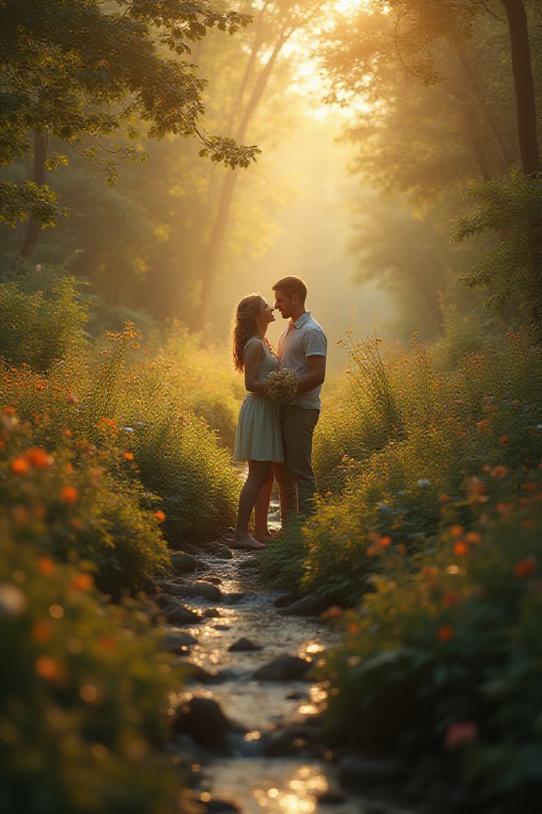 In a breathtaking 8K masterpiece, a serene fantasy realm unfolds. Softly lit by warm, golden rays, the tranquil atmosphere invites the viewer to bask in its peaceful ambiance. Amidst lush greenery and vibrant wildflowers, a gentle stream meanders through the landscape, symbolizing the harmony between nature and the human experience. A loving couple, surrounded by radiant beauty, share a tender moment of comfort and joy, their happiness palpable as they revel in each other's company. The composition is balanced, with lush foliage framing the subjects, creating a sense of intimacy and serenity.