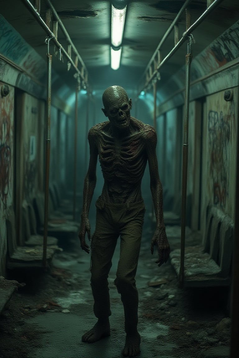 A half-medium shot of a zombie on a ruined subway train, its interior littered with debris and graffiti. The zombie, with torn clothing and exposed bones, stands amidst the chaos, its expression vacant and menacing. The lighting is dim, with flickering fluorescent lights casting eerie shadows. The composition captures the zombie from the waist up, emphasizing its decayed state and the disarray of the train, creating a sense of desolation and danger.