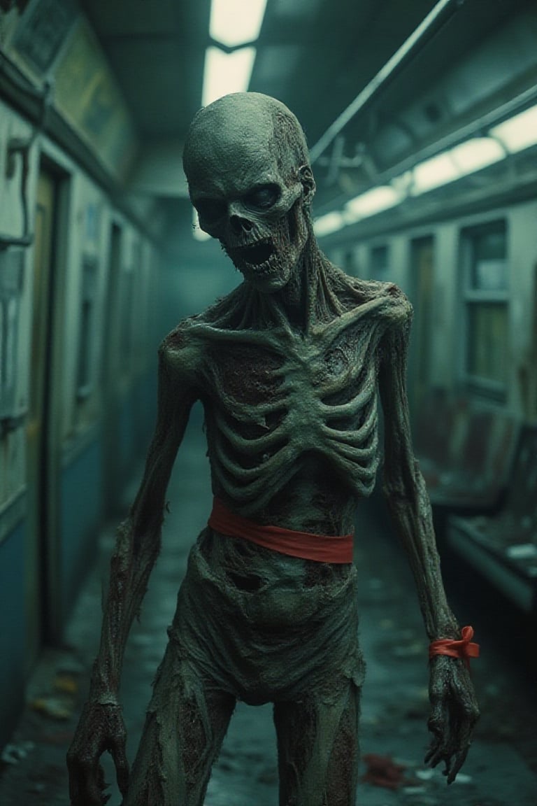Against the backdrop of a ruined subway train,  a half-ripped zombie stands frozen,  its vacant expression illuminated by...